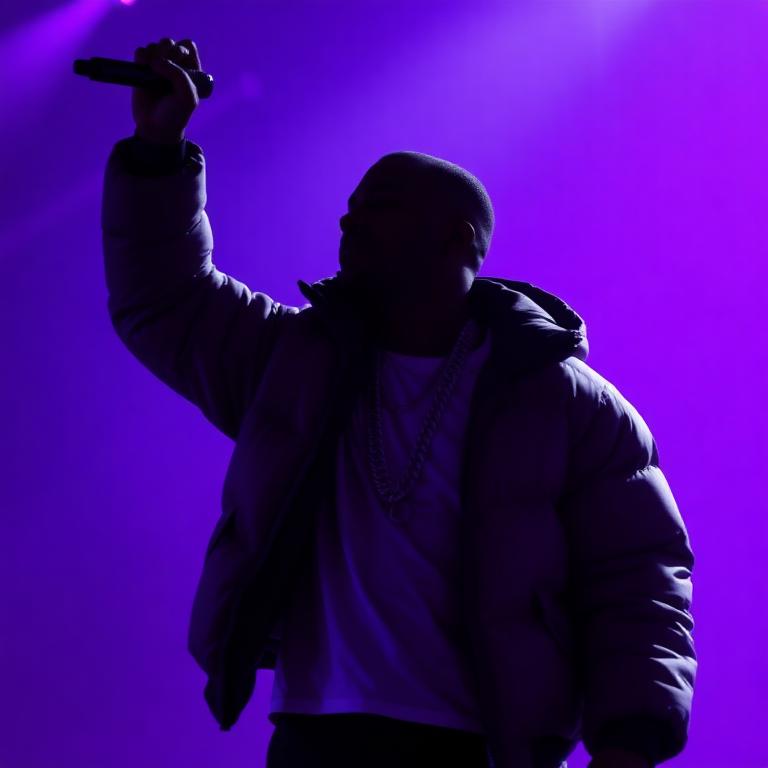 Faceless silhouette of a rapper in a puffer jacket with chains, mic raised